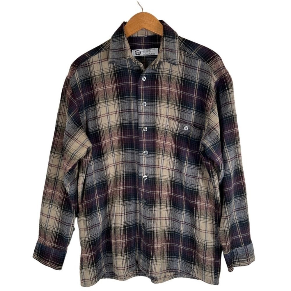 C&A Mens Size M Soft Woven Wine Camel Plaid Shirt in Acrylic Wool Blend L/S